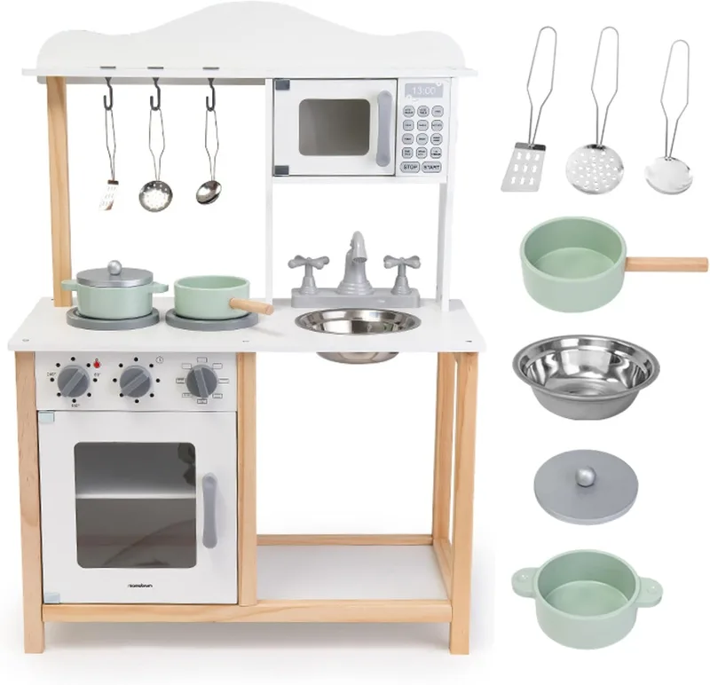 mamabrum ▫️ Cozinha Infantil de Madeira Montessori com micro-ondas e forno com sons – cozinha de brincar com acessórios, arrumação organizada, design moderno e seguro para crianças a partir dos 3 anos