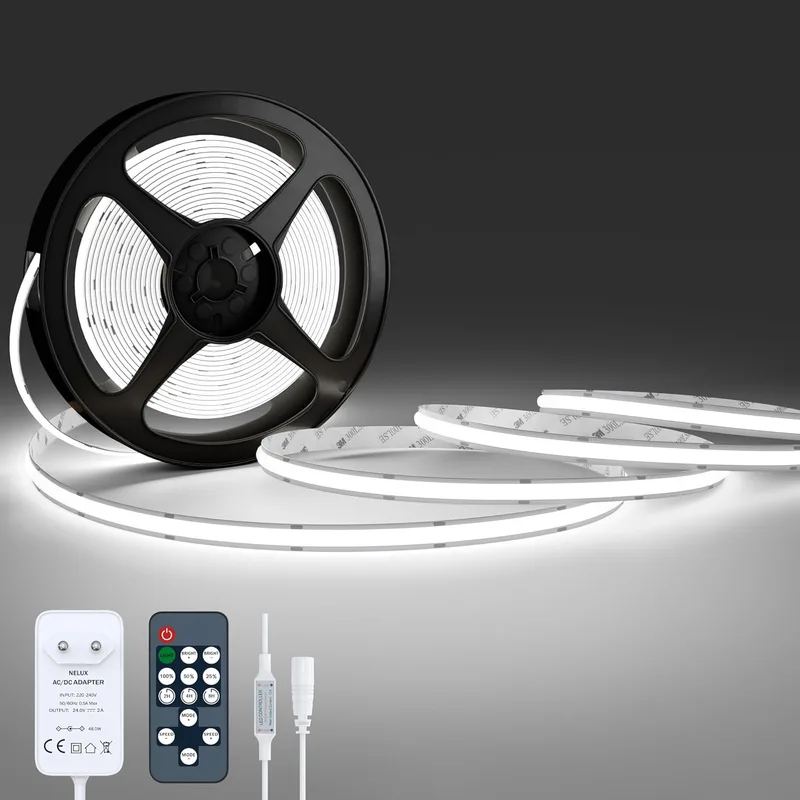 NELUX ▫️ Fita LED COB para interiores, branco frio, 5 m; luzes LED brancas para cozinha e decoração de quartos; fita LED 24 V, regulável, autocolante, 480 LED/m, 6500 K. Inclui comando à distância e adaptador.