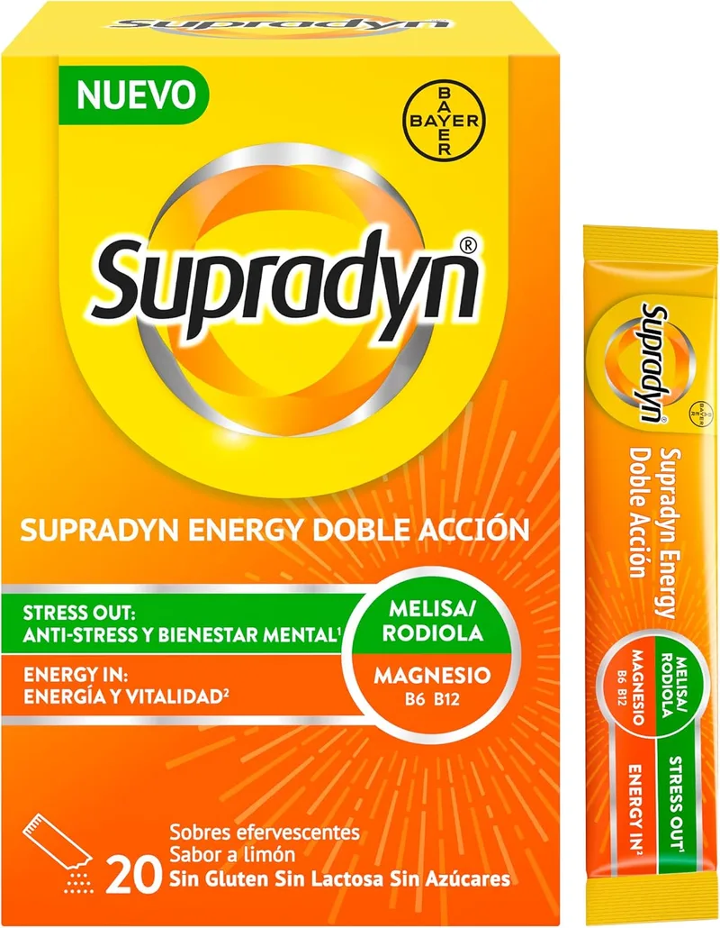Supradyn ▫️ Energy Dupla Ação Stress Out - Multivitamínico com magnésio, vitaminas B6, B12, ácido fólico, rodiola e erva-cidreira - Anti-stress, energia, memória, 20 saquetas com sabor a limão