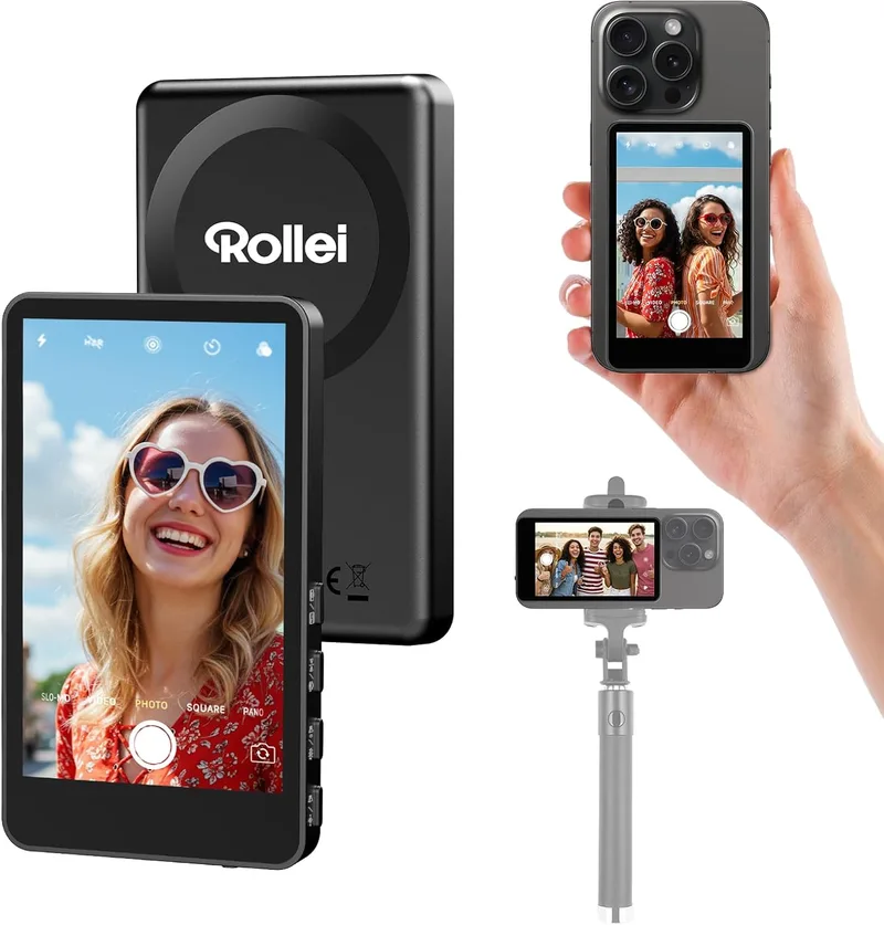 Rollei ▫️ Ecrã de monitor de selfie para telemóvel, Easy Creator Selfie Monitor 3,97" Compatível com iPhone e Android para TikTok Live Streaming Vlog Preto Vlog-Selfie-Monitor-Teclado magnético