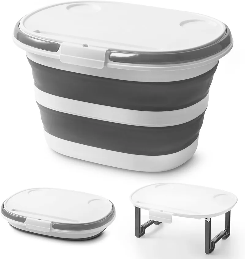 Lesipee ▫️ Upgraded16L - Balde dobrável multifuncional com tampa, banheira de silicone 4 em 1, tampo de mesa, suporte de chão, 4,2 galões