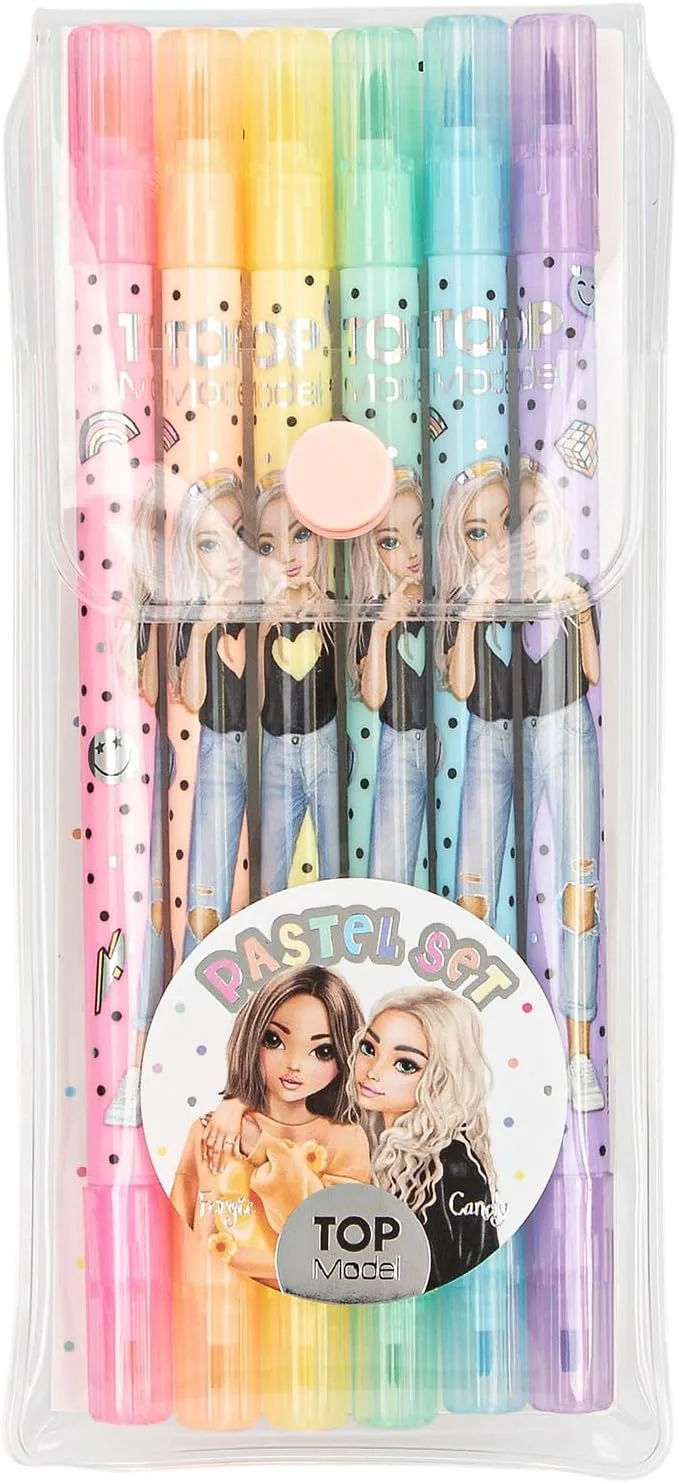 Depesche ▫️ 13385 TOPModel - Conjunto de canetas marcadoras com 6 cores pastel num estojo, canetas marcadoras duplas com um lado largo e um lado fino cada
