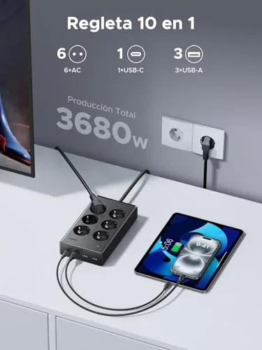 UGREEN ▫️ 10 em 1 Extensão com 6 tomadas CA e 4 portas USB PD de 20 W, 3680 W, 16 A 2