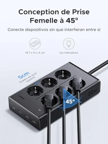 UGREEN ▫️ 10 em 1 Extensão com 6 tomadas CA e 4 portas USB PD de 20 W, 3680 W, 16 A 4
