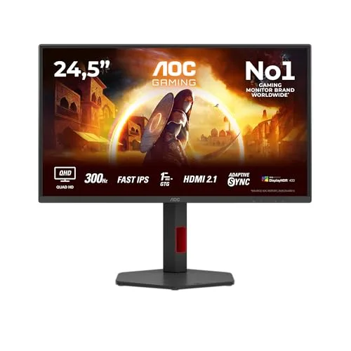AOC ▫️ Monitor de jogos Q25G4SR de 25 polegadas, 300 Hz, painel Fast IPS, 1 ms GtG, HDR400, Compatível com G-Sync, Altifalantes, Altura Ajustável, (2560x1440, 2x HDMI 2.1, 1x DP 1.4) Preto 2