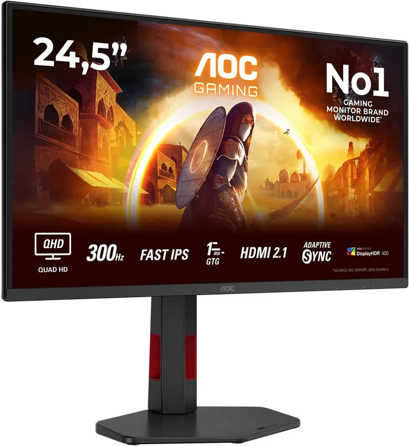AOC ▫️ Monitor de jogos Q25G4SR de 25 polegadas, 300 Hz, painel Fast IPS, 1 ms GtG, HDR400, Compatível com G-Sync, Altifalantes, Altura Ajustável, (2560x1440, 2x HDMI 2.1, 1x DP 1.4) Preto
