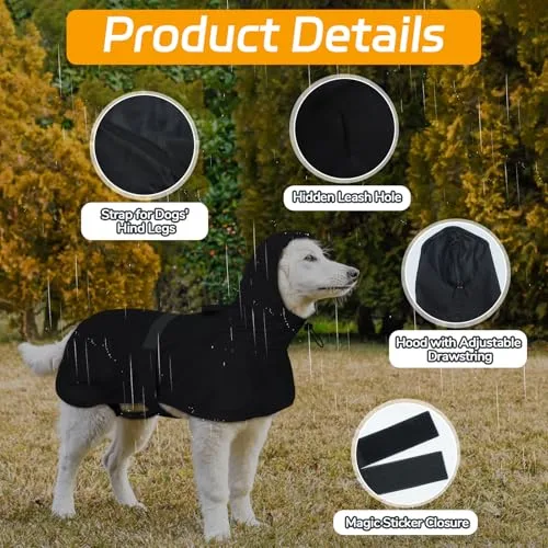 LeLePet ▫️ Impermeável para cães, impermeável para cães de grande porte, poncho resistente ao vento com tiras traseiras ajustáveis para as patas, poncho para cães com faixa refletora, cor preta, tamanho 2