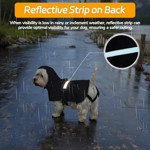LeLePet ▫️ Impermeável para cães, impermeável para cães de grande porte, poncho resistente ao vento com tiras traseiras ajustáveis para as patas, poncho para cães com faixa refletora, cor preta, tamanho 4