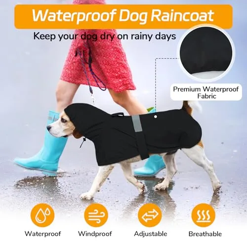 LeLePet ▫️ Impermeável para cães, impermeável para cães de grande porte, poncho resistente ao vento com tiras traseiras ajustáveis para as patas, poncho para cães com faixa refletora, cor preta, tamanho 6