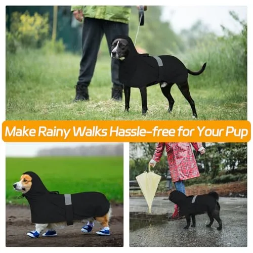 LeLePet ▫️ Impermeável para cães, impermeável para cães de grande porte, poncho resistente ao vento com tiras traseiras ajustáveis para as patas, poncho para cães com faixa refletora, cor preta, tamanho 7