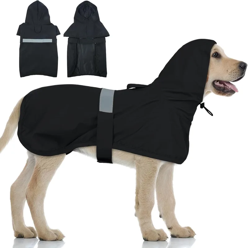 LeLePet ▫️ Impermeável para cães, impermeável para cães de grande porte, poncho resistente ao vento com tiras traseiras ajustáveis para as patas, poncho para cães com faixa refletora, cor preta, tamanho