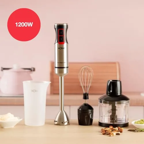 Solac ▫️ Batedeira de mão Pro Chef 1201, 1200 W, 21 velocidades ajustáveis + Turbo, 4 lâminas em aço inoxidável, picador de gelo, sistema anti-salpicos, acessórios incluídos, copo medidor, preto e metálico 2