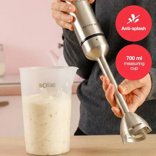 Solac ▫️ Batedeira de mão Pro Chef 1201, 1200 W, 21 velocidades ajustáveis + Turbo, 4 lâminas em aço inoxidável, picador de gelo, sistema anti-salpicos, acessórios incluídos, copo medidor, preto e metálico 6