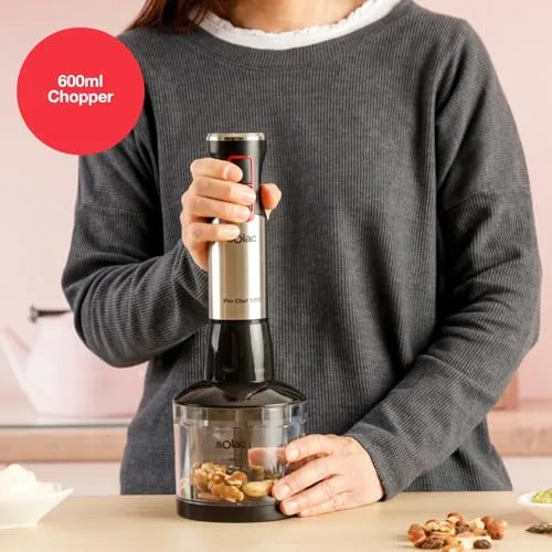 Solac ▫️ Batedeira de mão Pro Chef 1201, 1200 W, 21 velocidades ajustáveis + Turbo, 4 lâminas em aço inoxidável, picador de gelo, sistema anti-salpicos, acessórios incluídos, copo medidor, preto e metálico 7