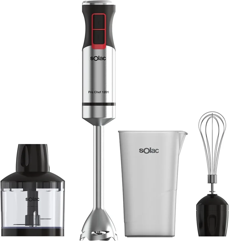 Solac ▫️ Batedeira de mão Pro Chef 1201, 1200 W, 21 velocidades ajustáveis + Turbo, 4 lâminas em aço inoxidável, picador de gelo, sistema anti-salpicos, acessórios incluídos, copo medidor, preto e metálico