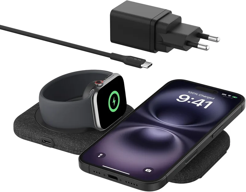 Belkin ▫️ Carregador magnético BoostCharge Pro compatível com MagSafe, base de carregamento sem fios 2 em 1 para viagem de 15 W, estação de carregamento sem fios dobrável com Qi2, iPhone 16, Apple Watch 10 e AirPods