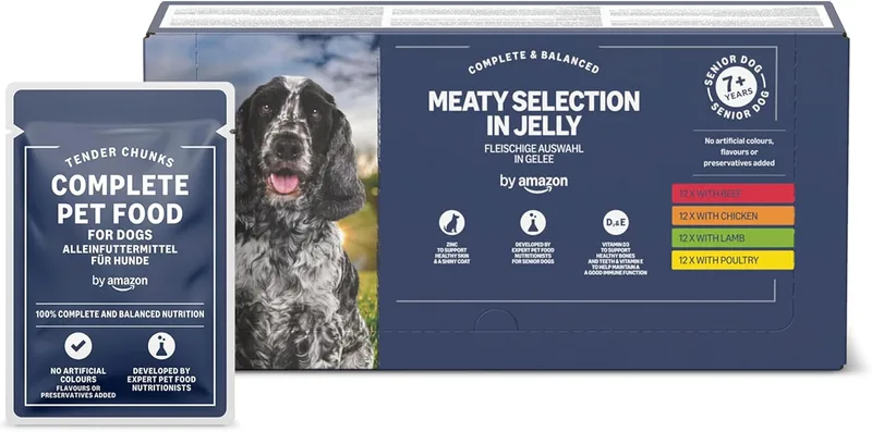 by Amazon ▫️ por Amazon Complete Senior Dog Food, seleção de carne em geleia, 4.8kg (48 bolsas de 100g)