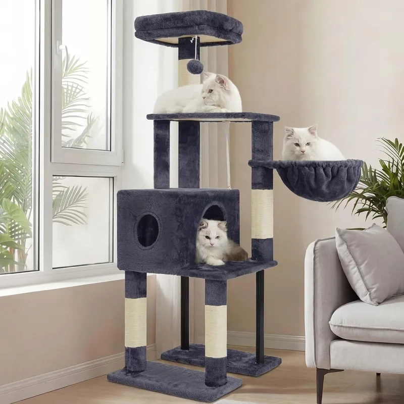 Heybly ▫️ Arranhador para Gatos, Árvore para Gatos de 125 cm, Torre para Gatos Espaçosa e Confortável com Esconderijo, Duas Grandes Plataformas, Cesto, Tubos de Aço Robustos, Cinza Fumado HCT200SG-
