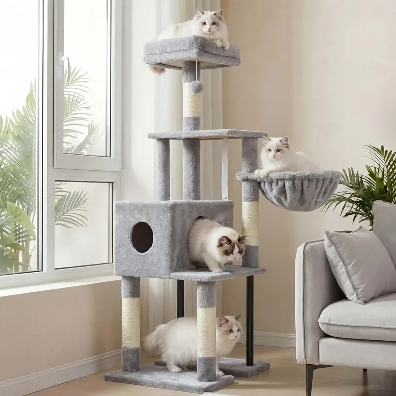 Heybly ▫️ Cat Scratching Post, Árvore para gatos de 125 Cm, Torre para gatos espaçosa e confortável com toca, duas plataformas grandes, cesto, tubos de aço resistentes, cinzento claro HCT200SW-