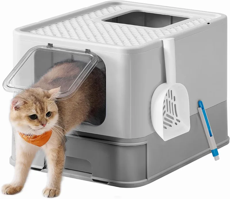Feandrea ▫️ Caixa de Areia para Gatos, Caixa de Areia com Tabuleiro Removível, Pá, Escova, Espaçosa para Gatos Grandes, Enchimento de 15 kg, Antifiltração, Antifuga, Cinza Claro e Cinza Pomba PPT001GD03