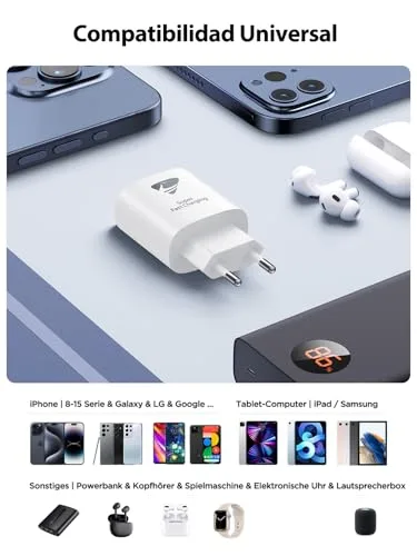Aioneus ▫️ Carregador USB-C 25 W (2 unidades), Carregador para iPhone com Carregamento Rápido PD 3.0, Adaptador Tipo C, Carregador de Parede USB-C para iPhone 16 Pro Max/15/14/13/12/11, Samsung, iPad 5
