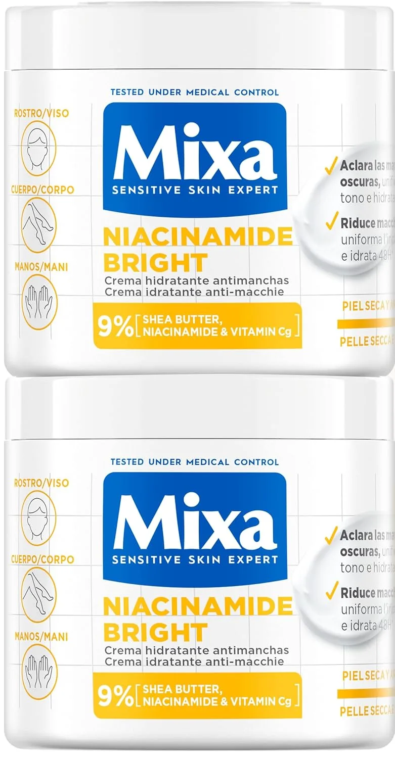 Mixa ▫️ Pack Poupança Niacidamida Creme corporal luminoso para peles baças com 9% [Manteiga de Karité + Niacinamida + Vitamina Cg]. Ilumina as manchas escuras. Adequado para peles sensíveis. 400 ml x2.