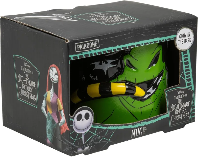 Paladone ▫️ Caneca de cerâmica Nightmare Before Christmas Oogie Boogie 3D que brilha no escuro, licenciada oficialmente pela Disney, presente para café, chá e chocolate quente.