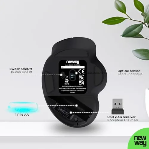 NEWWAY ▫️ NM255 - Rato sem fios WiFi de 2,4 GHz com recetor USB ergonómico - 4000 DPI - Silencioso, com redução de ruído de 95% - 6 botões - para PC, computador portátil, Mac e Linux (Preto) 5
