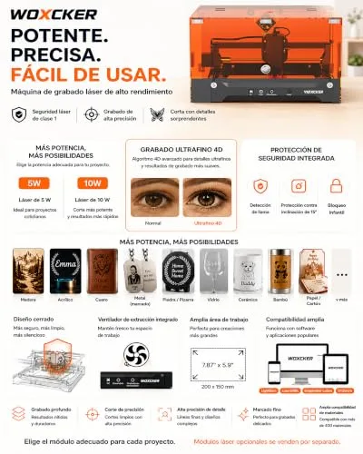 Woxcker ▫️ Gravadora a laser de 5,5 W para principiantes, projetos DIY e presentes personalizados, área de 200 × 150 mm, precisão de 0,05 mm para madeira, metal, couro e acrílico, fechada, Classe 1 3