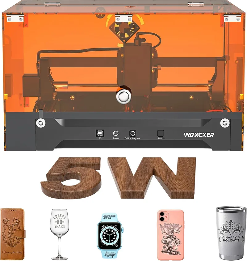 Woxcker ▫️ Gravadora a laser de 5,5 W para principiantes, projetos DIY e presentes personalizados, área de 200 × 150 mm, precisão de 0,05 mm para madeira, metal, couro e acrílico, fechada, Classe 1
