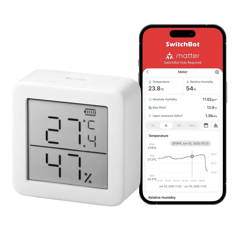 SwitchBot ▫️ Termómetro e Higrómetro de Interior Termómetro de Exterior com Bluetooth e Medidor de Humidade com Aplicação, Sensor de Ponto de Orvalho/VPD/Humidade Absoluta