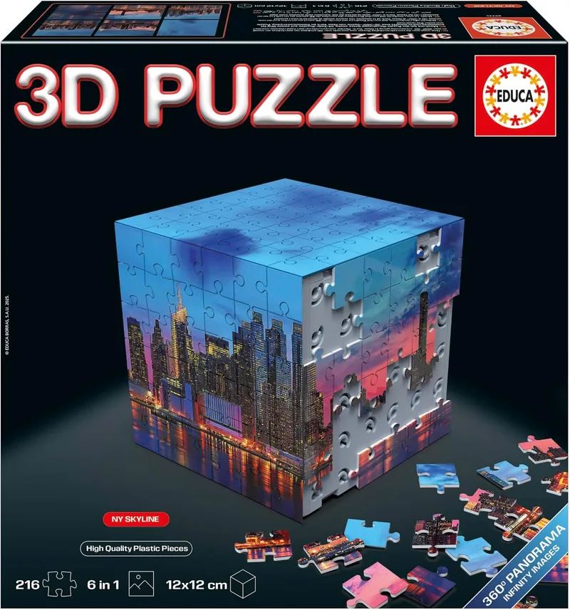 Educa ▫️ Puzzle 3D Panorama da Linha do Horizonte de Nova Iorque | O desafio do puzzle em forma de cubo com 216 peças | Estrutura: Base montável coberta por 6 puzzles de 36 peças | A partir dos 8 anos (20335)