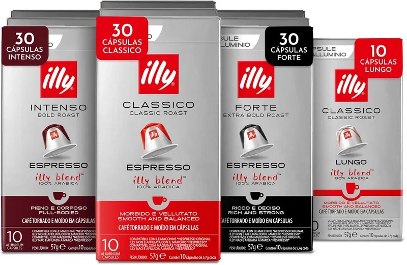 illy ▫️ Café em Cápsulas Compatíveis Mix Blend, 100 Cápsulas no Total | Em Embalagem de Alumínio, 3x CLASSICO, 3x INTENSO, 3x FORTE e 1x CLASSICO LUNGO, 100% Arábica, 10 Pacotes de 10