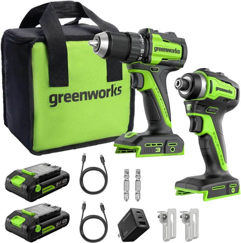 Greenworks ▫️ 24V sem fio, sem escovas, 45Nm, berbequins + combo de chave de impacto alimentada por bateria de 220Nm, alto torque, leve, (2) baterias 2.0Ah USB-C e carregador rápido 65W USB-C CK321