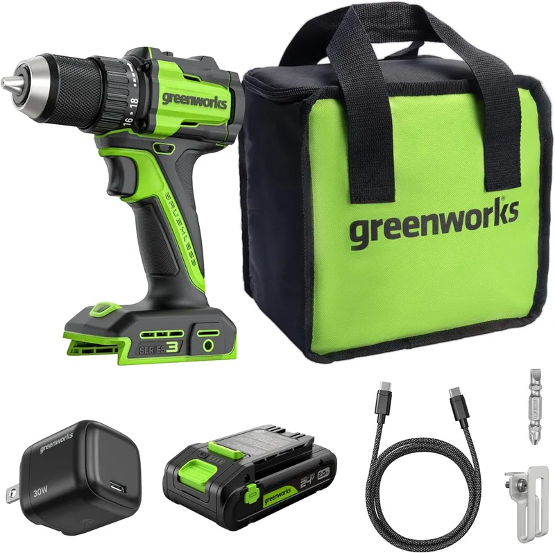 Greenworks ▫️ Berbequim sem escovas 45Nm sem fio 24V, leve, luz de trabalho LED, embraiagem 18+1, bateria 2.0Ah USB-C (12.000mAh de potência), carregador 30W USB-C DD345