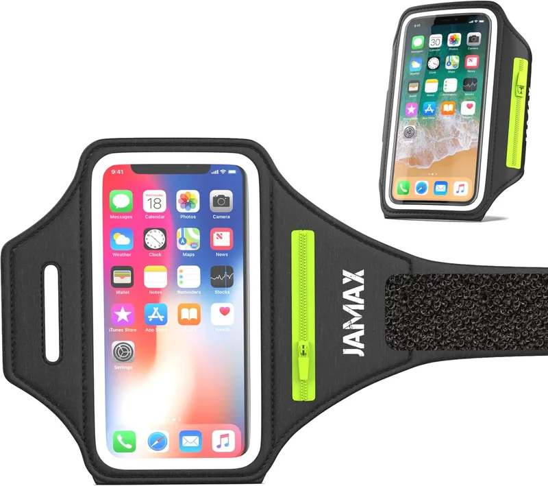 JAMAX ▫️ Pulseira para telemóvel de corrida | Suporte para telemóvel de corrida | Pulseira desportiva ajustável para correr | Capa para telemóvel de corrida compatível com iPhone, Samsung e Android (preto)