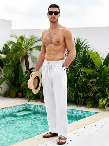 Litthing ▫️ Calças de linho para homem Calças de treino de algodão Calças casuais de verão com bolsos Cor lisa Calças largas com cordão Calças confortáveis e leves 2