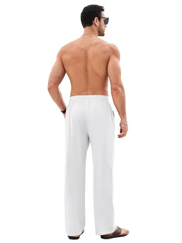 Litthing ▫️ Calças de linho para homem Calças de treino de algodão Calças casuais de verão com bolsos Cor lisa Calças largas com cordão Calças confortáveis e leves 4