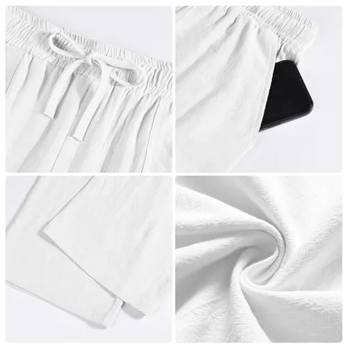 Litthing ▫️ Calças de linho para homem Calças de treino de algodão Calças casuais de verão com bolsos Cor lisa Calças largas com cordão Calças confortáveis e leves 5