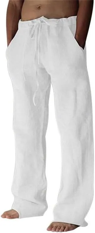 Litthing ▫️ Calças de linho para homem Calças de treino de algodão Calças casuais de verão com bolsos Cor lisa Calças largas com cordão Calças confortáveis e leves