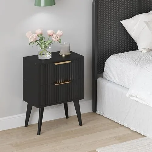 YAUKOMEL ▫️ Mesa de cabeceira com 2 gavetas onduladas, mesa auxiliar com pegas de metal, mesa de cabeceira moderna de estilo «Mid-Century», para sala de estar, quarto, preta, DECTG55BK 2