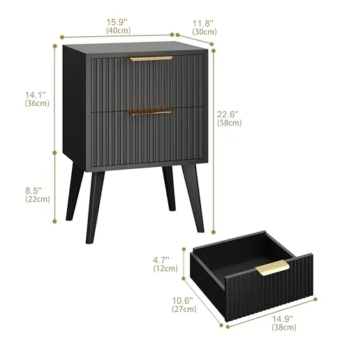 YAUKOMEL ▫️ Mesa de cabeceira com 2 gavetas onduladas, mesa auxiliar com pegas de metal, mesa de cabeceira moderna de estilo «Mid-Century», para sala de estar, quarto, preta, DECTG55BK 3