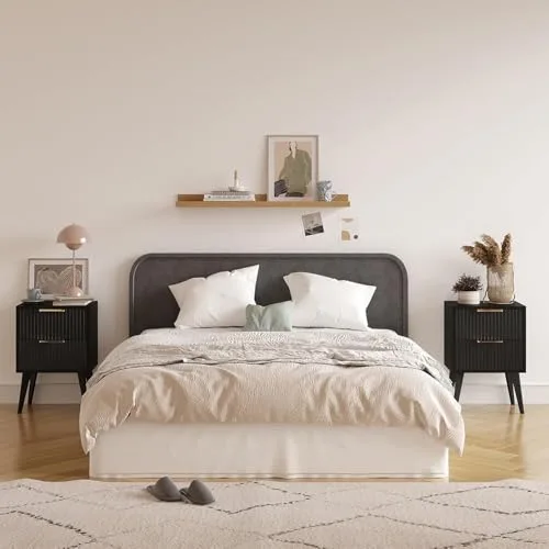 YAUKOMEL ▫️ Mesa de cabeceira com 2 gavetas onduladas, mesa auxiliar com pegas de metal, mesa de cabeceira moderna de estilo «Mid-Century», para sala de estar, quarto, preta, DECTG55BK 4