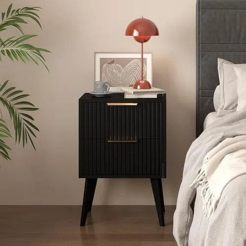 YAUKOMEL ▫️ Mesa de cabeceira com 2 gavetas onduladas, mesa auxiliar com pegas de metal, mesa de cabeceira moderna de estilo «Mid-Century», para sala de estar, quarto, preta, DECTG55BK 5