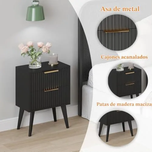 YAUKOMEL ▫️ Mesa de cabeceira com 2 gavetas onduladas, mesa auxiliar com pegas de metal, mesa de cabeceira moderna de estilo «Mid-Century», para sala de estar, quarto, preta, DECTG55BK 6