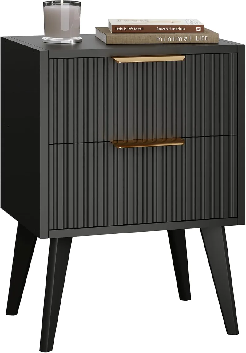 YAUKOMEL ▫️ Mesa de cabeceira com 2 gavetas onduladas, mesa auxiliar com pegas de metal, mesa de cabeceira moderna de estilo «Mid-Century», para sala de estar, quarto, preta, DECTG55BK