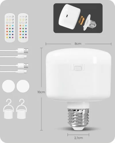 GOEBLESON ▫️ Conjunto de 2 lâmpadas recarregáveis com casquilho E27 e controlo RGB 7