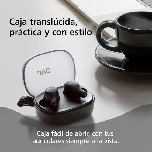JVC ▫️ Auscultadores Bluetooth True Wireless Gumy Premium com cancelamento de ruído, Bluetooth 5.4, modo ambiente, baixa latência, 26 horas de autonomia, estojo translúcido com USB-C, preto-oliva - HA-A23T-B 2