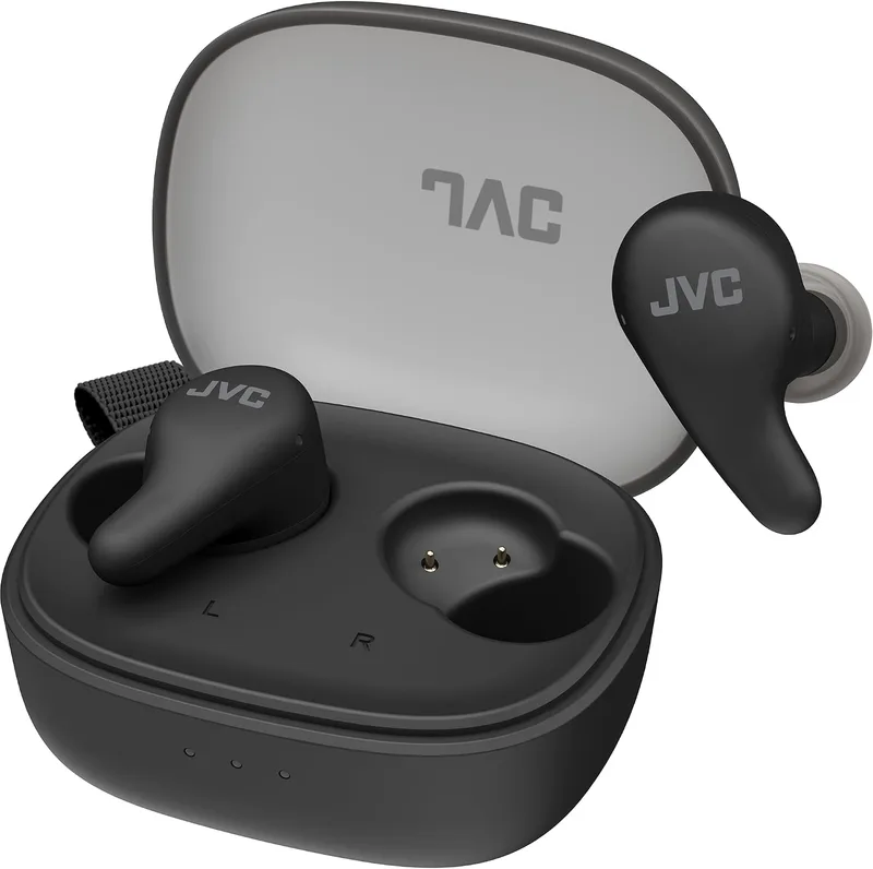 JVC ▫️ Auscultadores Bluetooth True Wireless Gumy Premium com cancelamento de ruído, Bluetooth 5.4, modo ambiente, baixa latência, 26 horas de autonomia, estojo translúcido com USB-C, preto-oliva - HA-A23T-B
