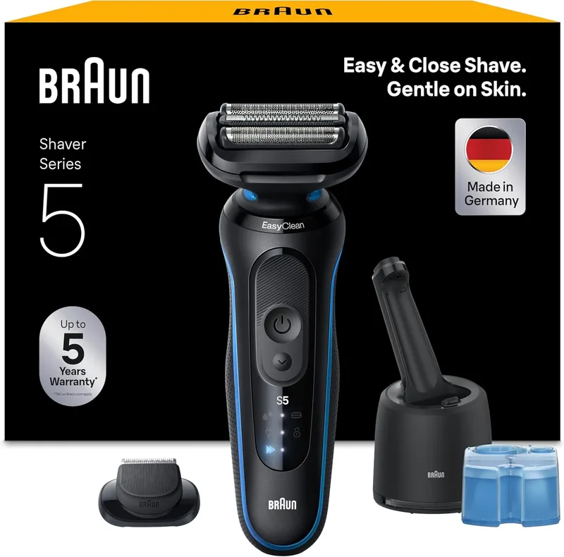 Braun ▫️ Series 5 Máquina de barbear elétrica para homem, 52-B7200CC, azul | Máquina de barbear recarregável, 50 minutos de autonomia, centro de limpeza, aparador de precisão, estojo de viagem